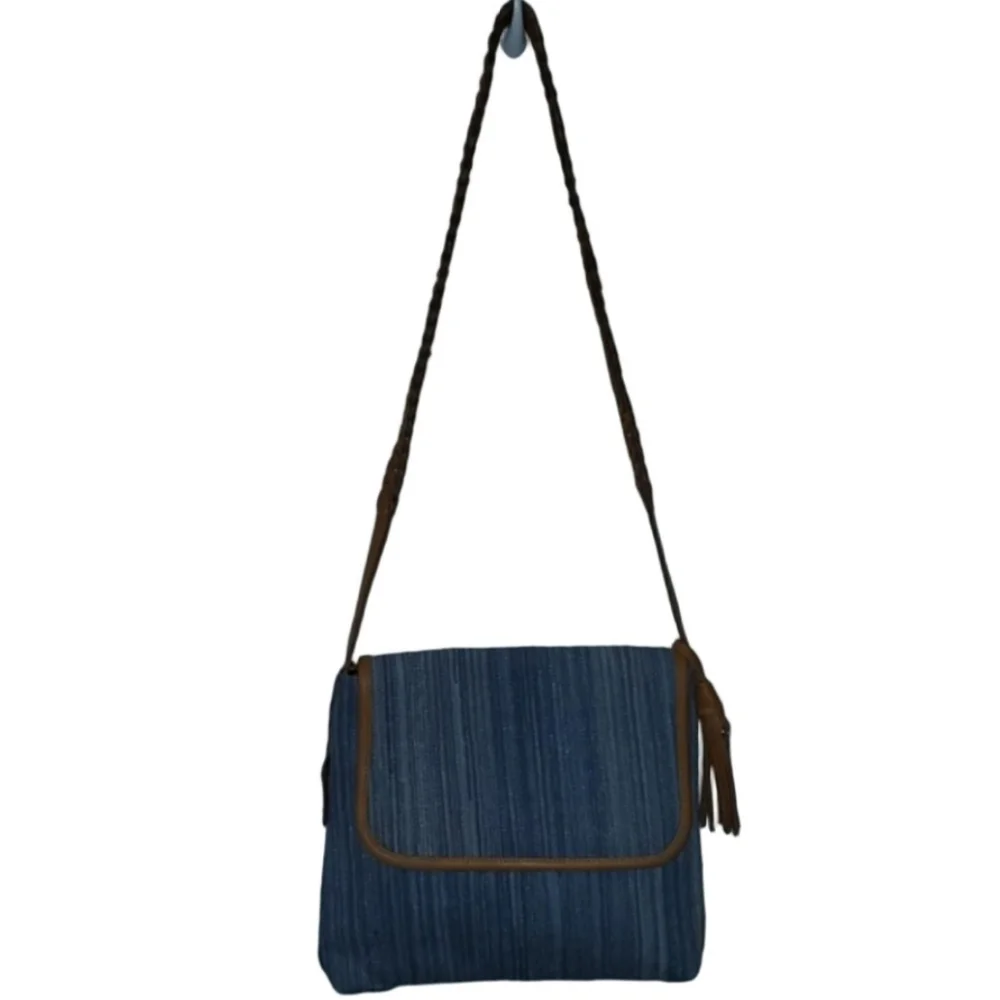 Denim Blue Woven Leather Trim Shoulder Crossbody Bag